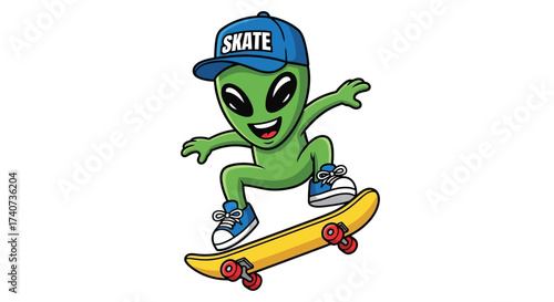 Cartoon Alien Skateboarder: Illustration of a cheerful extraterrestrial figure riding a skateboard
