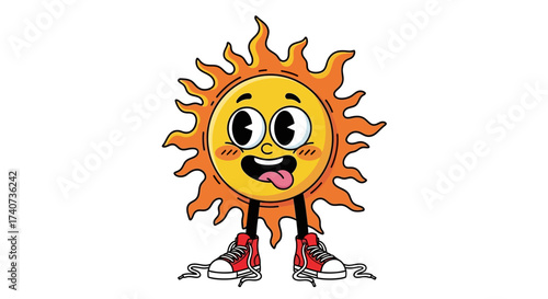 Cartoon sun character with sneakers standing on white background full shot graphic style