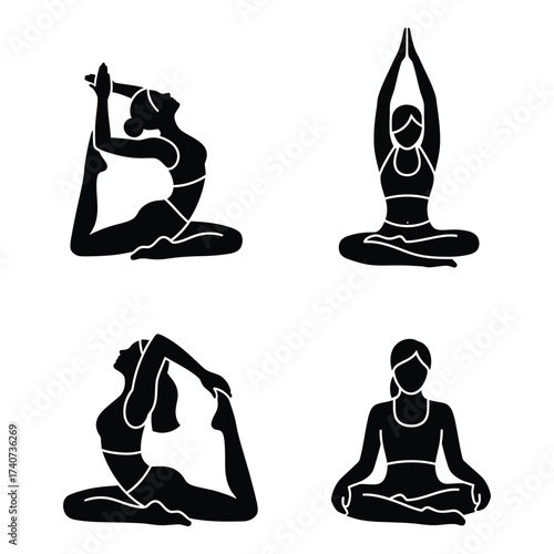 Four silhouettes of women performing yoga poses for fitness and wellness silhouette
