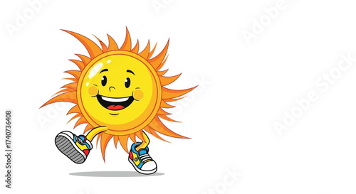 Cartoon Sun Character with Smiling Face and Sneakers, Illustration for Children's Books and