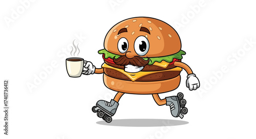 A whimsical cartoon burger character enjoying coffee while roller skating adventure
