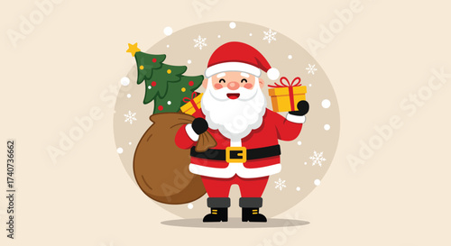 Cheerful Santa Claus with Gift and Sacks of Presents.