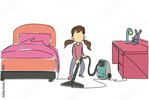 Continuous one line drawing a girl is cleaning her room using a vacuum cleaner. Appropriate technology empowerment. Electric. National Clean Your Room Day. Single line draw design vector illustration