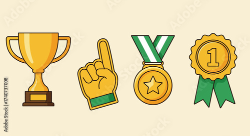 Collection of Golden Trophies, Medals, and Fan Hand Symbol.