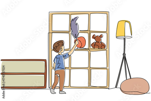 Single continuous line drawing a boy dusting shelf using a duster. Daily routine after playing in the room. Cleanliness is beautiful. National Clean Your Room Day. One line design vector illustration
