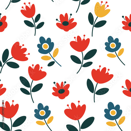Charming folk art flowers seamless pattern for textiles and crafts whimsical floral design isolated on transparent background