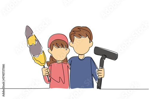 Single one line drawing a boy and a girl standing carrying a vacuum cleaner and a feather duster. Working together to clean. National Clean Your Room Day. Continuous line design graphic illustration