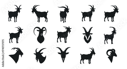 Collection of Silhouette Icons Representing Goats and Goat Heads.