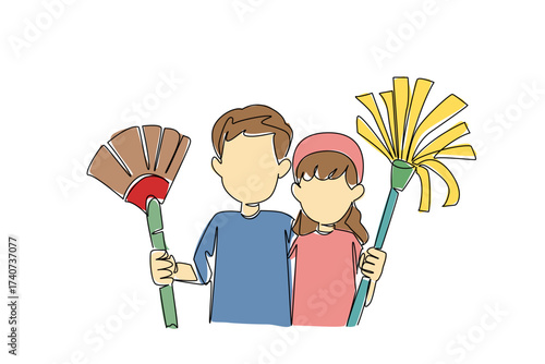 Single continuous line drawing a boy and a girl standing carrying broom and mop. Two smart kids work together to make cleaning easier. National Clean Your Room Day. One line design vector illustration