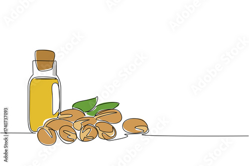 Single continuous line drawing scattered argania seeds and bottles of argania oil. Treatment oil in bottle. Easy to carry and useful. International Day of Argania. One line design vector illustration