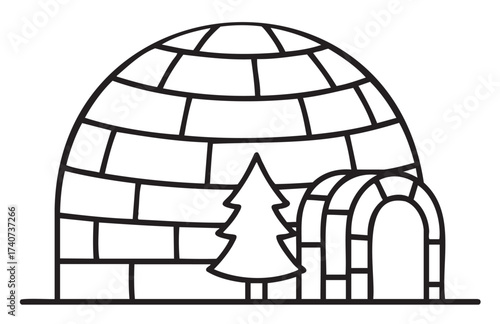 Black outline icon of a simple igloo with an arch entrance and a triangular tree. minimal linear design for arctic, winter, and shelter concepts.