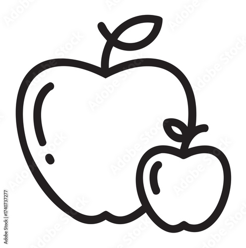 Black outline vector icon of two overlapping apples, one larger and one smaller, with a single leaf on each stem.