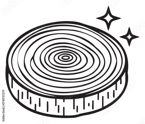 Black outline vector of a tree stump with circular rings and two sparkles, symbolizing growth over time.