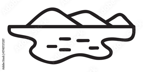 Black outline icon of mountain landscape with hills and wavy water, ideal for nature, outdoor, and travel themes.