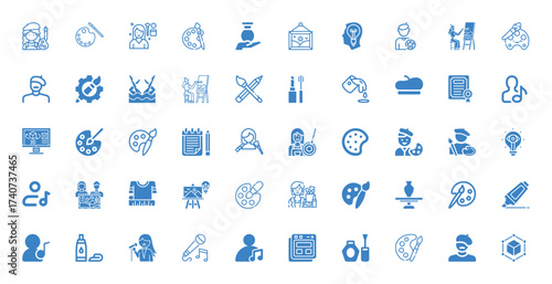 Collection of Blue Icons Representing Art, Creativity, and Music
