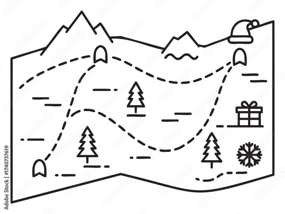 Fototapeta premium Black outline icon of a festive treasure map with mountains, trees, a gift, and a santa hat, symbolizing a holiday-themed adventure.