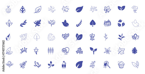 Collection of Blue Leaf and Nature-Themed Icons on White Background