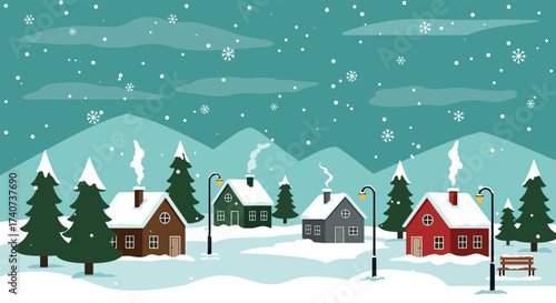Cozy winter village scene with snow-covered houses and evergreen trees.