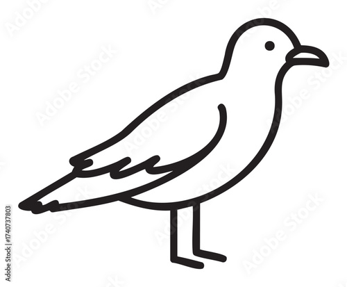 Black outline drawing of a standing seagull with a curved beak and detailed wing feathers, depicted in a minimalist line art style.