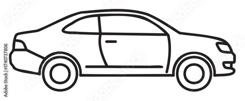 Black outline drawing of a simple sedan car in a side view, featuring basic details of the vehicle's shape and structure.