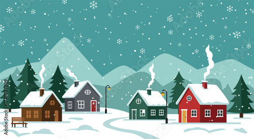 Cozy winter village scene with snow-covered houses and pine trees.