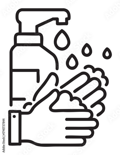 Black outline icon of hands lathered with soap under a sanitizer dispenser, illustrating hand hygiene and cleanliness.