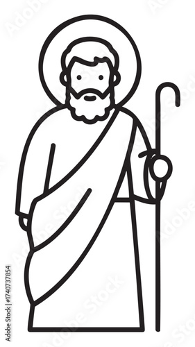 Black outline drawing of a bearded male figure with a halo holding a shepherd's crook, symbolizing a biblical character.