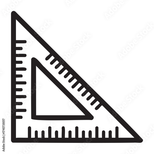 Black outline vector icon of a triangular protractor with ruler markings for measuring angles and drawing precision lines.
