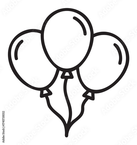 Simple black outline vector icon of three overlapping balloons tied together, representing celebration and festivity.