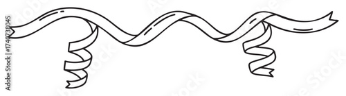 Black outline of a decorative wavy banner with curled ends, suitable for festive and celebratory designs.