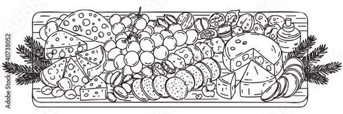 Detailed black outline illustration of a charcuterie board featuring a variety of cheeses, grapes, nuts, and sausages arranged on a wooden serving platter with decorative sprigs.