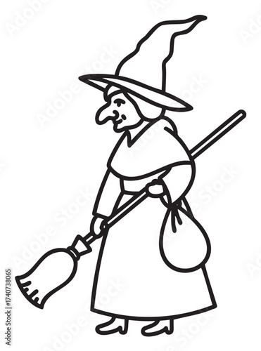 Black outline drawing of a witch wearing a pointed hat, holding a broom and bag, with a crooked nose and long robe.