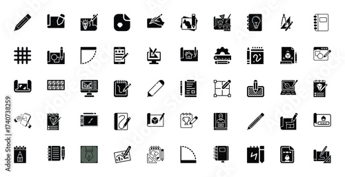 Collection of Design and Drawing Icons: Pencils, Blueprints, Computers, and More