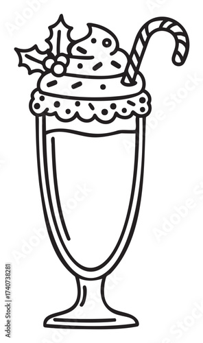 Black outline of a festive milkshake in a tall glass, topped with whipped cream, a candy cane, and a sprig of holly.