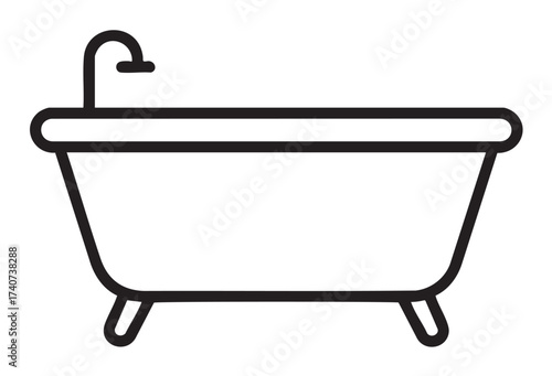 Black outline vector icon of a traditional clawfoot bathtub with a curved faucet. minimal design for home and bathroom decor concepts.