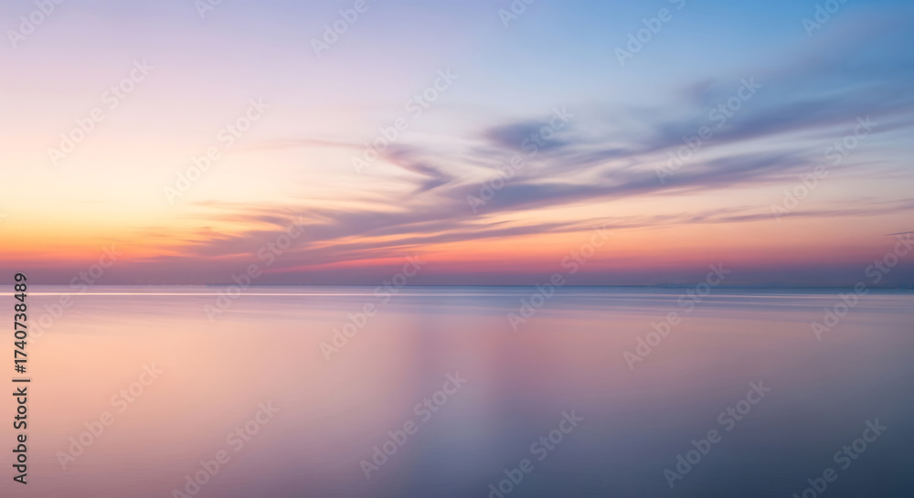 Obraz premium Soft pastel sunset over a tranquil ocean with gentle waves and a gradient sky