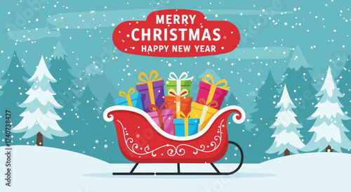 Festive Red Sleigh Overflowing with Colorful Christmas Presents in Snowy Landscape.