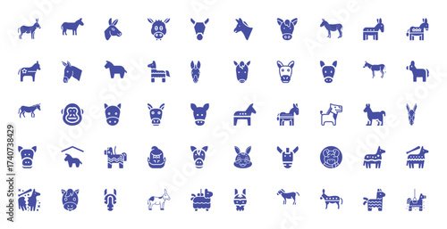 Collection of Donkey and Pinata Icons in Blue Silhouette