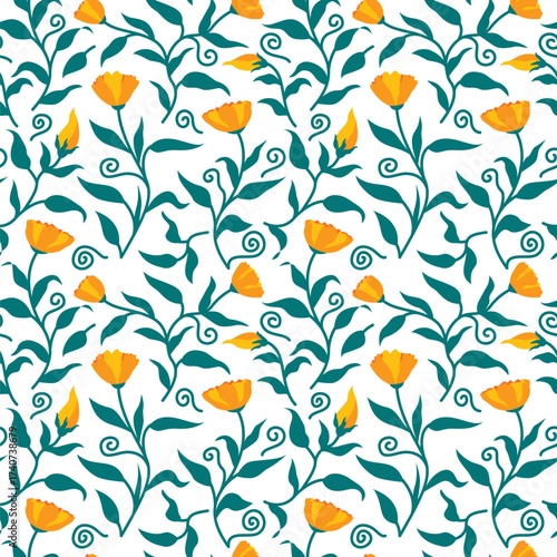 Green Leaves and Yellow Flowers Seamless Pattern