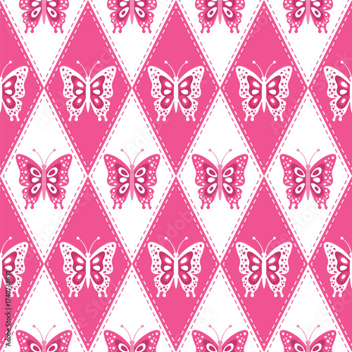 Pink Butterflies checkered Seamless Pattern