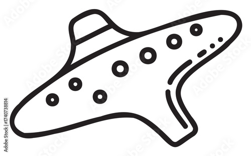 Black outline vector icon of a traditional ocarina with multiple finger holes. minimal linear illustration for music and instrument concepts.