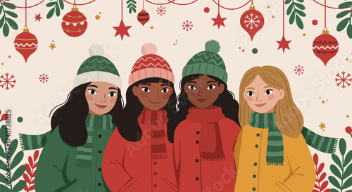 Four diverse young girls in winter hats and scarves, celebrating the holidays.