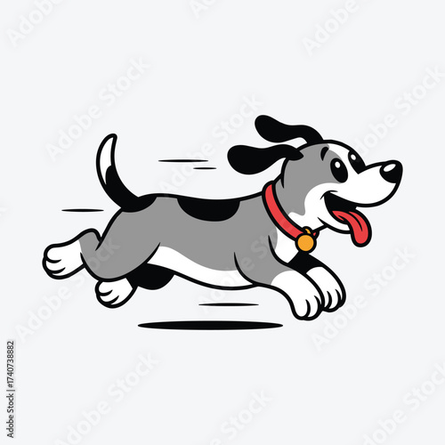 Cartoon Dog Running Fast With Red Collar And Medal  vector illustration.