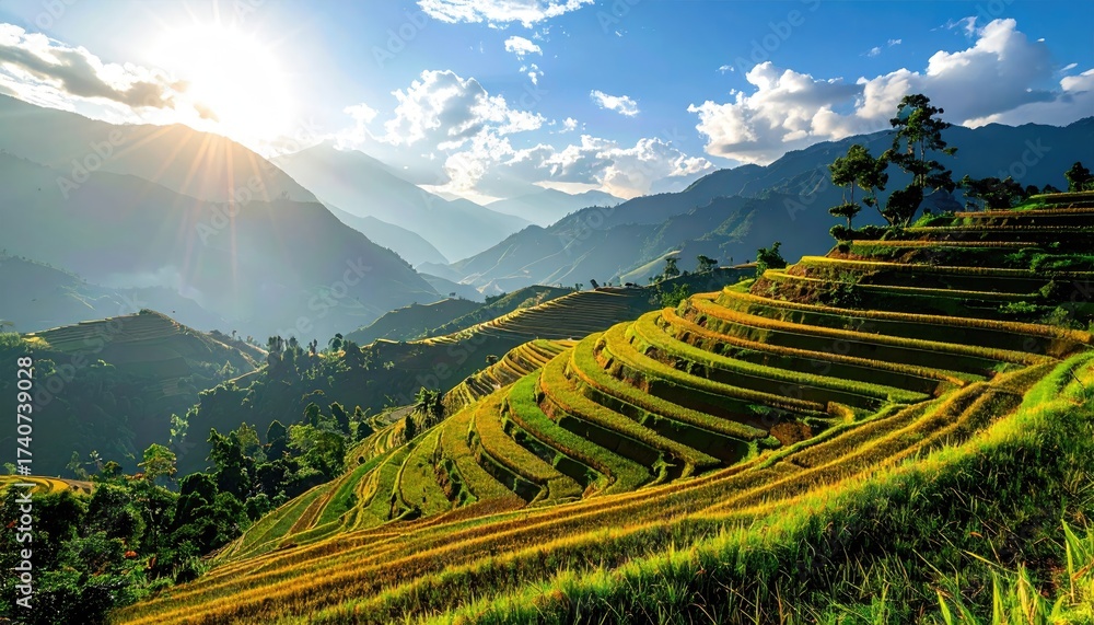 Fototapeta premium Lush Green Rice Terraces Cascading Down Hillsides in Warm Sunlight