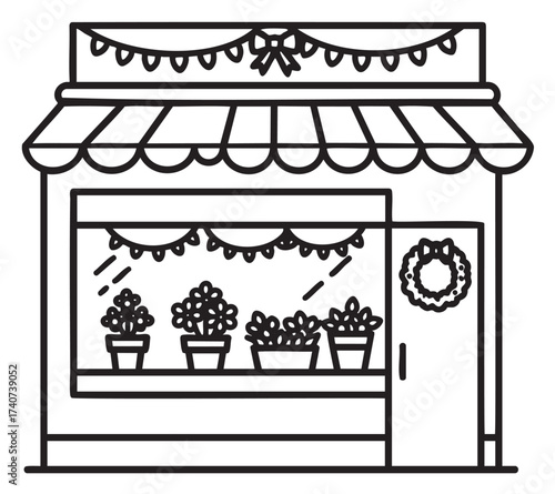 Black outline vector icon of a storefront with potted plants in the display, decorated with garlands and a door wreath.