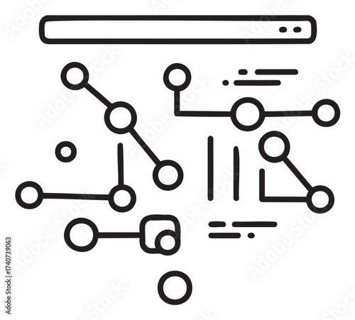 Black outline diagram of a neural network with interconnected nodes and lines representing data connections.