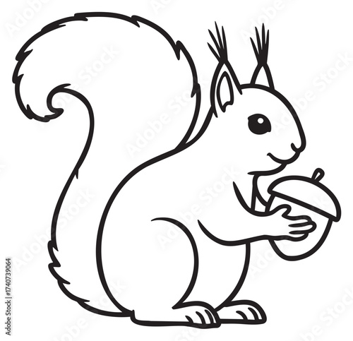 Black outline drawing of a cheerful squirrel holding an acorn, showcasing its bushy tail and upright ears in a cartoon style.