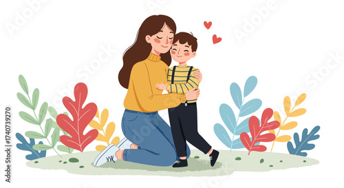 Loving mother embracing her son with affection and care.