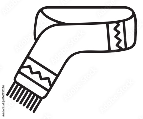 Black outline vector icon of a winter scarf with zigzag patterns and fringe detailing on both ends.