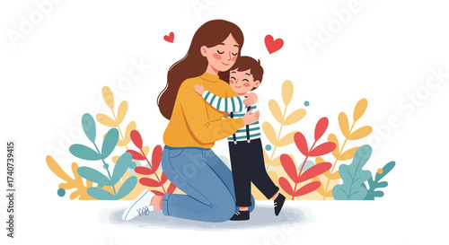 Loving mother embracing her happy son with colorful floral decorations.